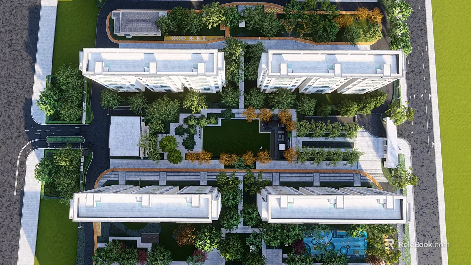 Aerial View Of Modern Residential Landscape With Green Gardens Courtyards And Lush Vegetation 3d model 
