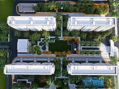 Aerial View Of Modern Residential Landscape With Green Gardens Courtyards And Lush Vegetation 3d model