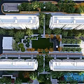 Aerial View Of Modern Residential Landscape With Green Gardens Courtyards And Lush Vegetation