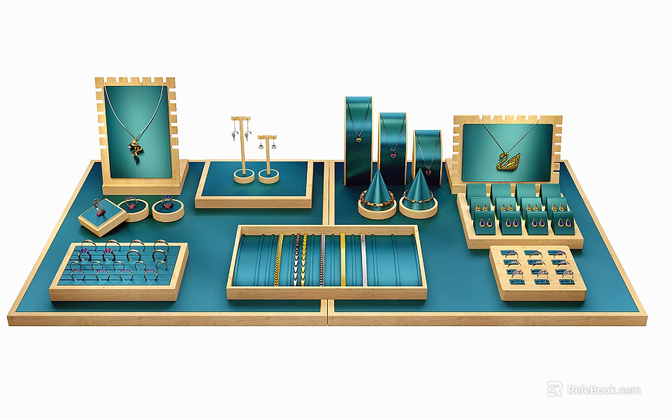 Elegant Jewelry with Necklaces Earrings Rings and Bracelets on Display Counter with Trays and Racks 3d model 