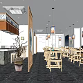 Elegant Chinese Restaurant Interior With Hanging Lanterns Wooden Tables And Chairs