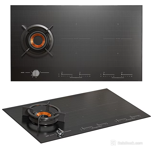 Modern Black Glass Gas Cooktop Kitchen Appliance With Burners And Control Knobs 3d model 