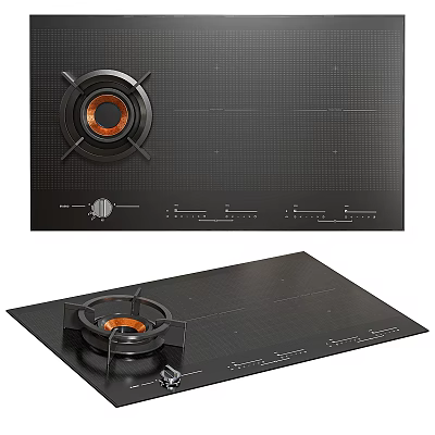 Modern Black Glass Gas Cooktop Kitchen Appliance With Burners And Control Knobs 3d model