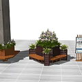 Wooden Outdoor Chair with Planter Box Green Plants and Pink Flowers in Garden Setting