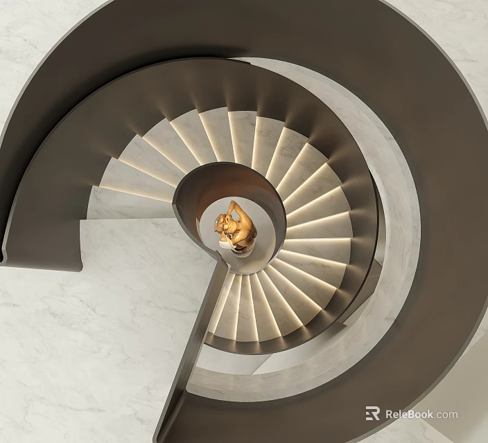 Modern Interior Spiral Staircase With Lighted Marble Steps And Golden Center Sculpture 3d model 