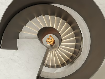 Modern Interior Spiral Staircase With Lighted Marble Steps And Golden Center Sculpture 3d model