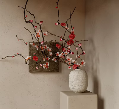 White Textured Vase With Red And Pink Flower Branches On Cube Stand Against Beige Wall 3d model