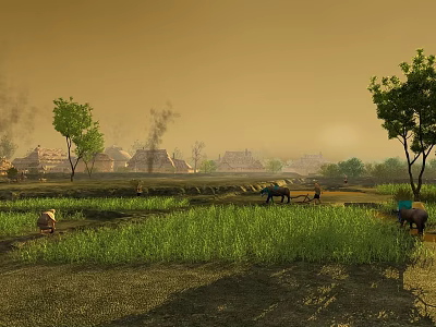 Beautiful Rural Landscape with Green Fields Distant Village and Farmers Working Under Amber Sky 3d model