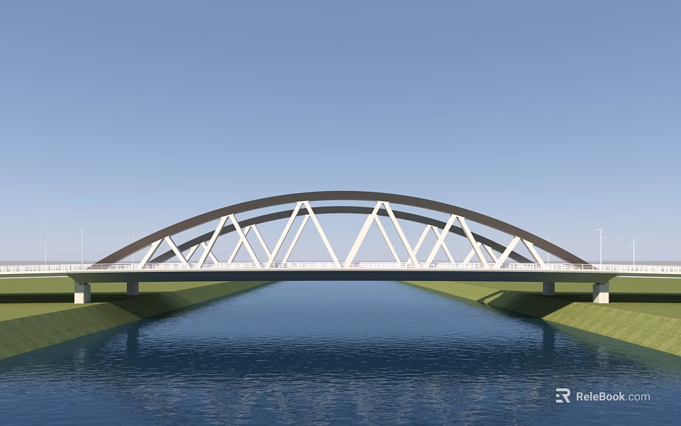 Modern Arch Bridge With White And Dark Steel Frame Spanning Calm Water And Green Riverbanks 3d model 
