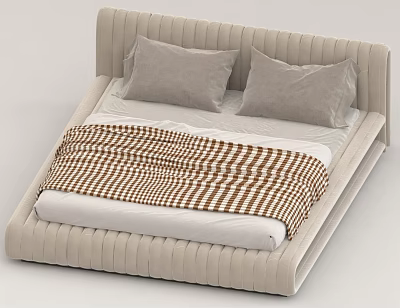Beige Vertical Striped Double Bed With Two Grey Pillows And Brown White Checkered Blanket 3d model