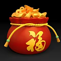 Three Red Fortune Bags Filled With Gold Coins Featuring Chinese Fu Characters And Scattered Coins