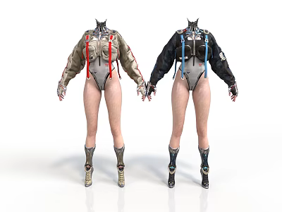 Two Futuristic Characters Wearing Mechanical Outfits With Red Blue Straps Shoulder Armor And Boots 3d model