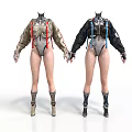 Two Futuristic Characters Wearing Mechanical Outfits With Red Blue Straps Shoulder Armor And Boots