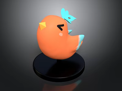 Cute Orange Bird Figurine With Yellow Beak Black Eyes Blue Wings On Black Base 3d model