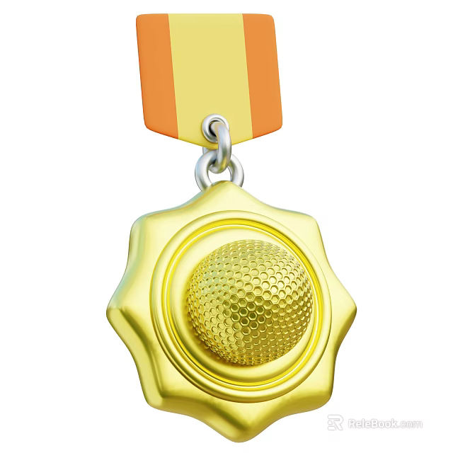 Decorative Ornament Set with Gold Medal Featuring Golf Ball Design and Orange Yellow Ribbon 3d model 