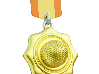 Decorative Ornament Set with Gold Medal Featuring Golf Ball Design and Orange Yellow Ribbon 3d model