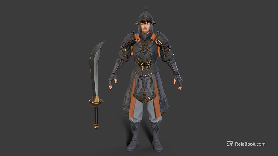Ancient Armored Warrior Character In Intricate Battle Armor With Large Sword And Ornate Details 3d model 