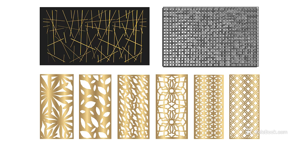 Gold And Black Decorative Laser Cut Panels With Floral Leaf And Geometric Patterns 3d model 