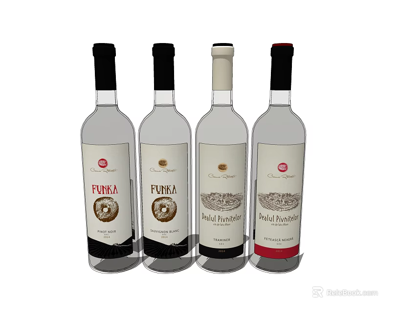 Display of Four Wine Bottles With Various Labels And Unique Brand Designs 3d model 