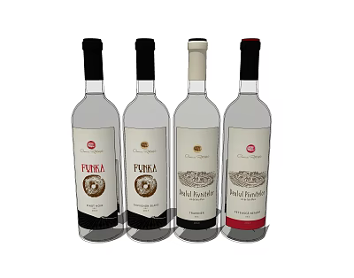 Display of Four Wine Bottles With Various Labels And Unique Brand Designs 3d model Display of Four Wine Bottles With Various Labels And Unique Brand Designs 3d model