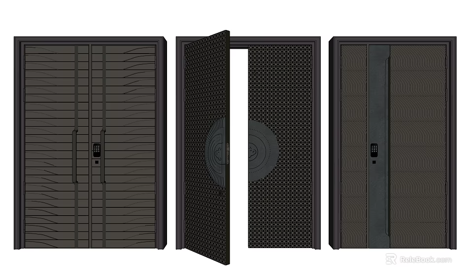 Black Security Door With Striped Design Grid Interior Structure And Lock Handle 3d model 