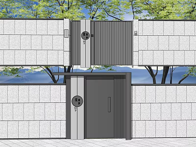 Outdoor Scenic Wall With White Brick Gray Door And Trees Under Blue Sky 3d model