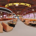 Modern Restaurant Interior With Orange Decor Plants Lighting And Seating Areas