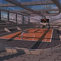 Modern Basketball Court With Glass Roof Metal Frame Basketball Hoop And Wooden Floor