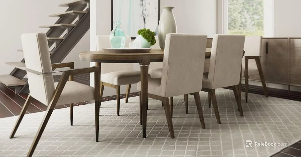 Modern Dining Table Set With Round Wooden Top Beige Upholstered Chairs Vase And Green Plant 3d model 