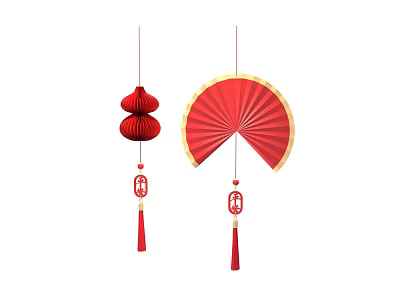 Red Hanging Ornaments With Lantern And Fan Shapes And Fortune Character Tassels 3d model