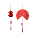 Red Hanging Ornaments With Lantern And Fan Shapes And Fortune Character Tassels