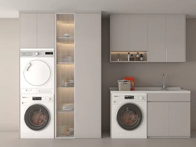 Modern Bathroom Cabinet Rack with Washing Machine Dryer Storage Cabinets and Shelves in Laundry Room 3d model