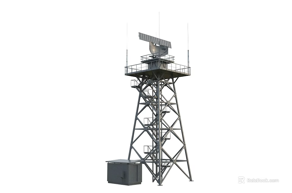 Metal Surveillance Tower With Equipment On Top And Small Base Box 3d model 