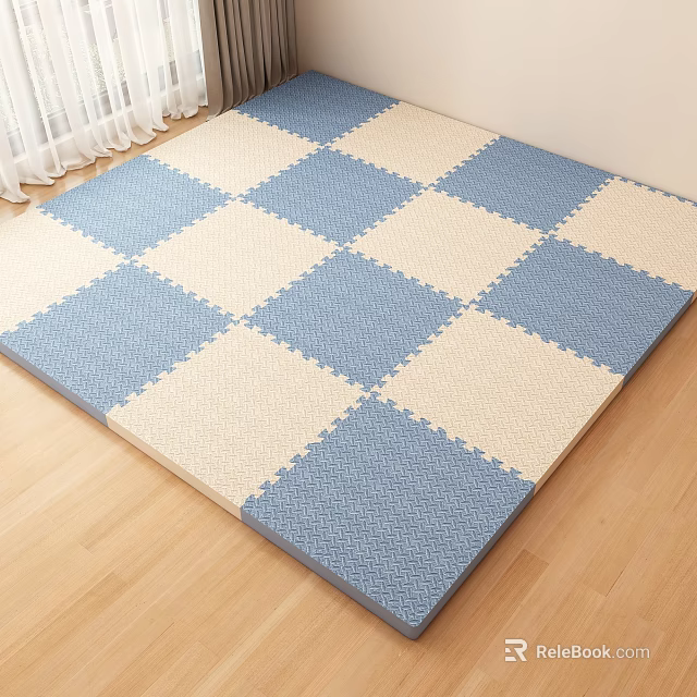 Blue And White Checkered Square Carpet Interlocking Foam Tiles On Wooden Floor 3d model 