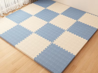 Blue And White Checkered Square Carpet Interlocking Foam Tiles On Wooden Floor 3d model