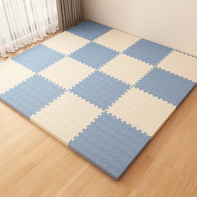 Blue And White Checkered Square Carpet Interlocking Foam Tiles On Wooden Floor 3d model