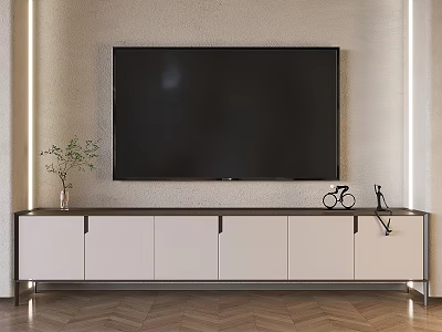 Modern TV Stand Interior With Large Screen TV Potted Plant Bicycle Model And Wooden Floor 3d model