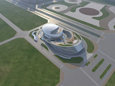 Unique Contemporary Library Building With Curved Glass Facade Green Roof And Lawns 3d model