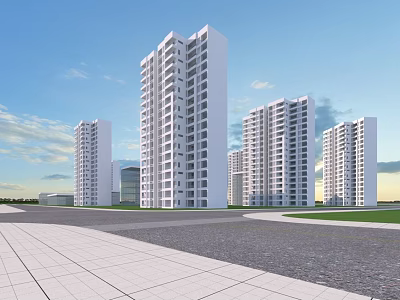White High Rise Modern Style Residential Buildings With Blue Sky And Plaza Green Space 3d model