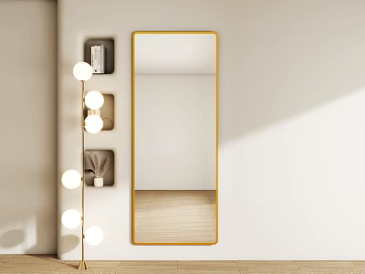 Gold Frame Rectangular Mirror on White Wall with Floor Lamp Round Shelves and Decor 3d model