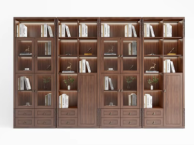 Modern Wooden Bookshelf Design With Multiple Shelves Drawers And Decorative Plants 3d model