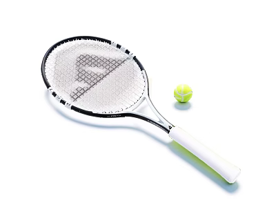 Professional Tennis Racket With White Strings And Green Tennis Ball For Sports Equipment 3d model