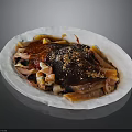 Colorful Mixed Cold Appetizer With Red Sauce And Spicy Seasoning On White Plate