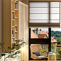 Modern Roller Blinds In Bright Room With Natural Light Wooden Flooring And Greenery View