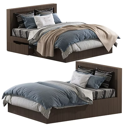 Modern Wooden Children's Bed With Blue Gray Bedding And Storage Drawers 3d model