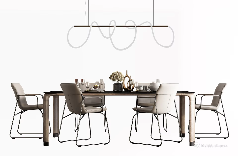 Modern Minimalist Dining Table Set with Chairs Pendant Light and Tabletop Decorations 3d model