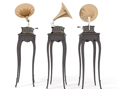 Vintage Phonograph Audio Devices With Bell Shaped Horns On Ornate Tall Stands 3d model
