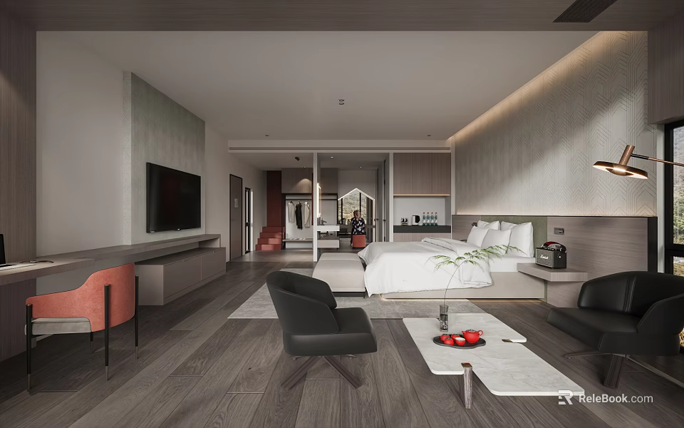 Modern Hotel Room Interior With King Bed Armchairs Coffee Table And Flat Screen TV 3d model 