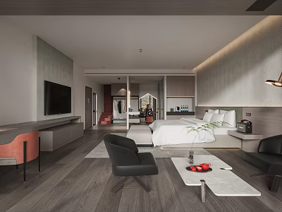 Modern Hotel Room Interior With King Bed Armchairs Coffee Table And Flat Screen TV 3d model