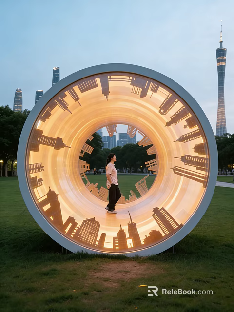 Illuminated Circular Landscape Sculpture With City Skyline Silhouettes And Person In Urban Park 3d model 